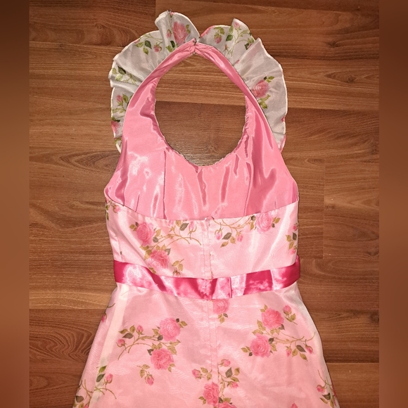 Funky Vintage Barbie Pink Floral Print Ruffle Collar Halter Prom Formal Dress - Picture 9 of 12